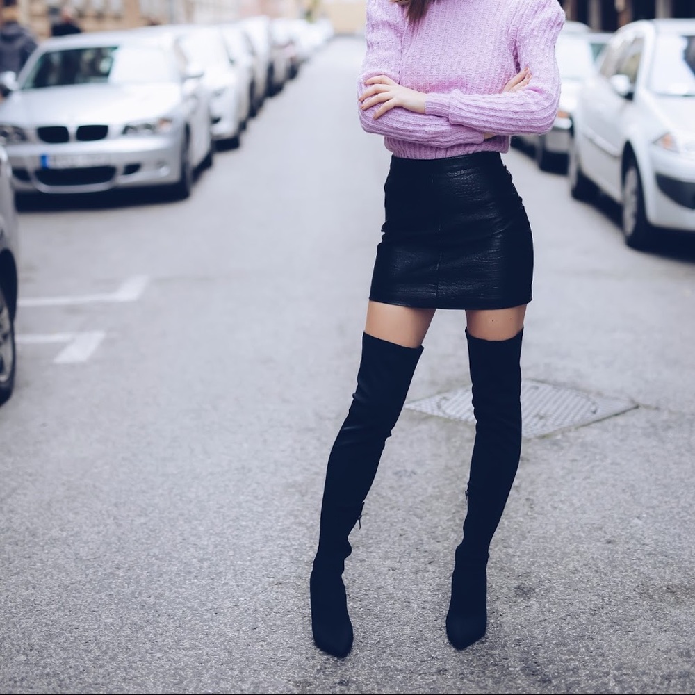 EGO thigh high suede like black boots heels